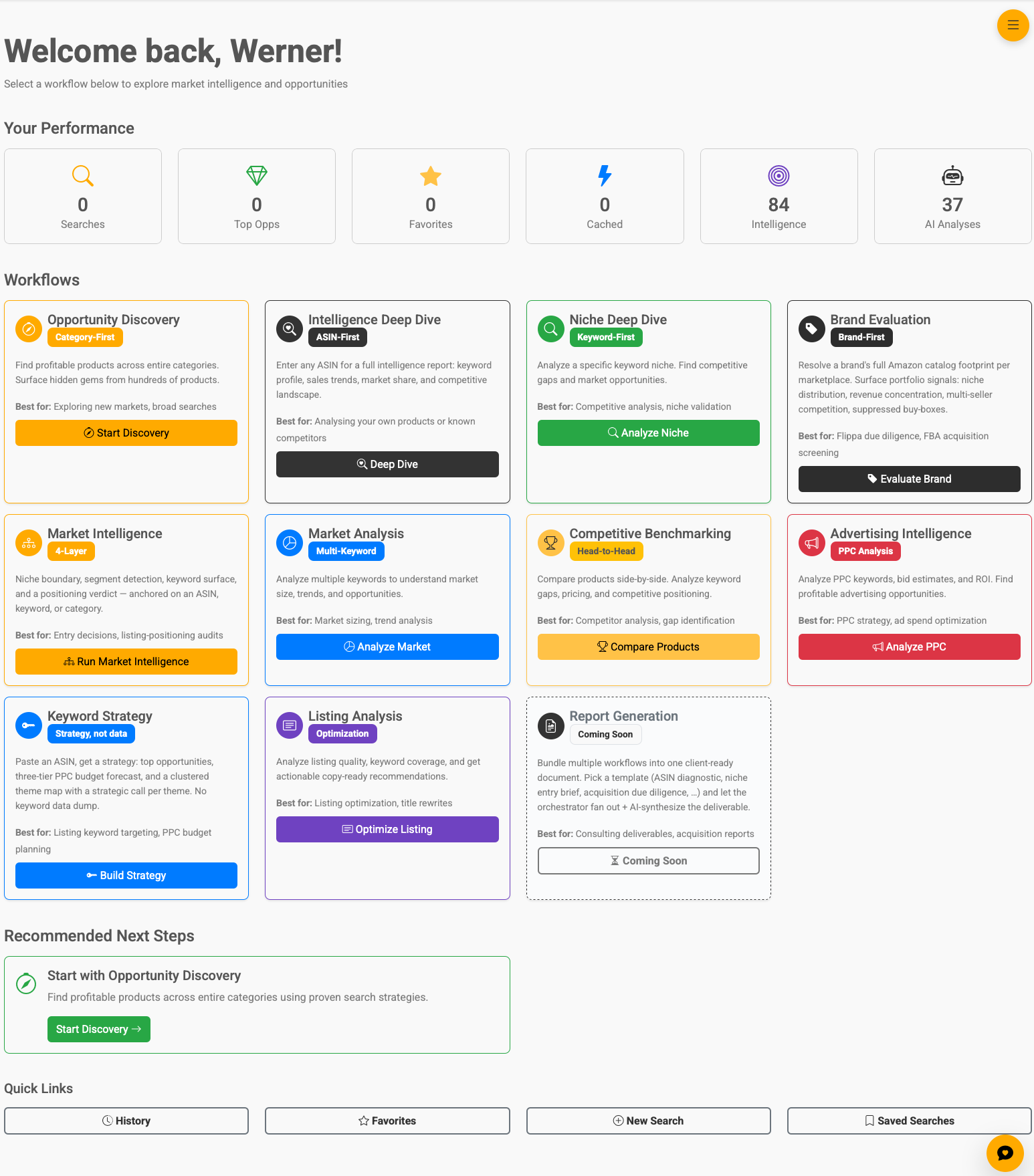 Vision dashboard — workflows, performance metrics, and recommended next steps in one view.